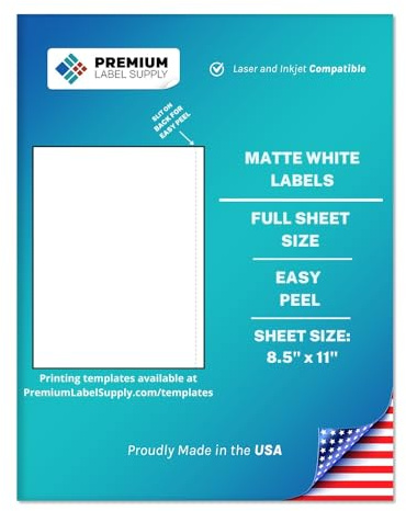 Premium Label Supply White Sticker Full Sheet Shipping Labels – 8.5 x 11 – Laser/Inkjet Compatible – (1 per Sheet), 25 Sheets - Letter Size