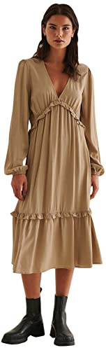 NA-KD Balloon Sleeve Midi Frill Dress Vestito Casual, Beige Scuro, 44 Donna