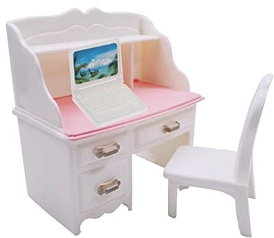 Sharplace 1/6 Dollhouse Miniature Desk Chair Set, Mini Computer Table DIY Scene Model for Decor, With White Laptop