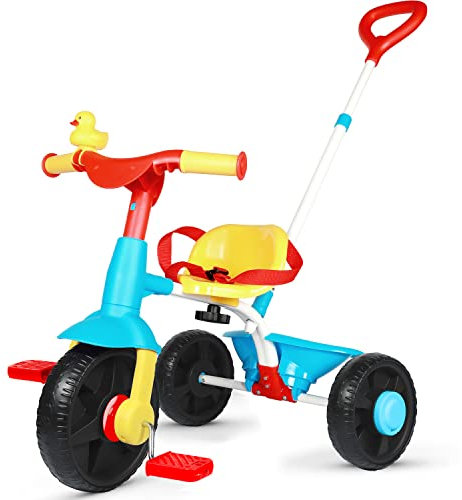 KRIDDO 2 in 1 Dreirad ab 18 Monate bis 3 Jahr, Kinder Dreirad mit verbesserten Eva-Rädern, Dreirad für Kinder als Geschenk, Dreiräder 2-3 Jahren mit Schiebestange und Enten-Klingel, Klassisch