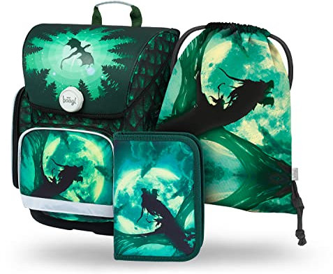 Baagl Schulranzen Jungen Set 3 Teilig, Ergo Schultasche für 1. Klasse, Ergonomische Grundschule Ranzen Tornister mit Brustgurt (Drache)