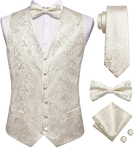 Hcclijo Herren-Westen Roségold Rosa Gestreift Weste Krawatte Fliege Einstecktuch Manschettenknöpfe Set Taillenjacke 0042-0571 S