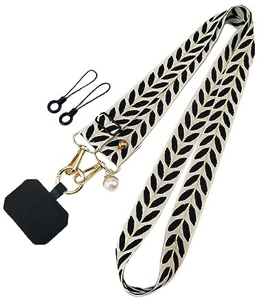 Wmool Correa ajustable larga para el cuerpo con monedero Lanyard ancho con perlas, cinta para el cuello, paño para el cuello para mujeres Han U7R4 cuerda con adornos de estilo perdido - Clásico, negro