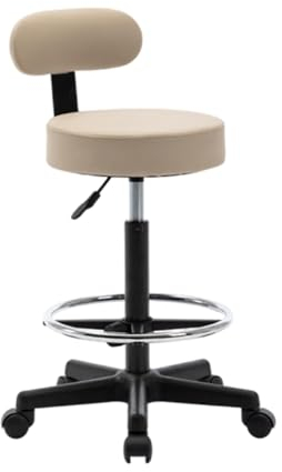 VIDECOR Runder Rollhocker mit Rückenlehne, PU-Leder, Höhenverstellbar, Drehbar, Zeichenarbeit, SPA, Salonhocker, Stuhl mit Rollen,highA