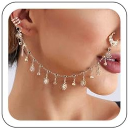 Inateannal Nasenring Kette Schwarz Kristall Quaste Kette Nasenring Gold Blume Quaste Baumeln Nase Kettes Mit Nicht Piercing Manschette Nase Zu Ohr Indischen Schmuck Für Frauen Mädchen