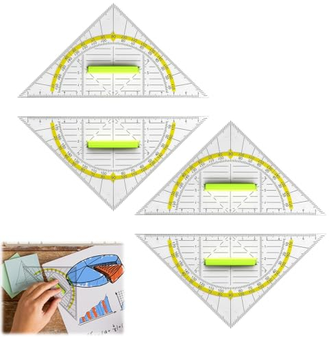 Geodreieck mit Griff, 4 stk Zeichendreieck Klein 14cm Dreieck Lineal Winkelmesser Schule 2-in-1 Geometrie Set Ruler aus Kunststoff Durchsichtig Rrotractor Schreibwaren für Mathe Studenten Kinder