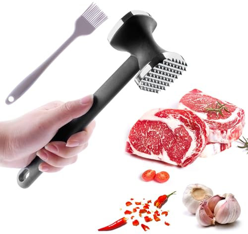 PUWOWYE Martillo Carne, Ablandador de Carne de Doble Cara, Mazo para Carne, Martillo Cocina para Bistec, Pollo, Pescado, Cerdo, con Pincel Cocina Silicona