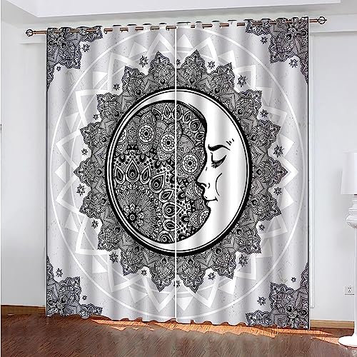 Vorhang Blickdicht Gardinen Mit Ösen - 2 Stücke 2 X 117 X 230 Cm Verdunklungsvorhänge 3D Schwarz-Weiß-Blumenmond Muster Thermovorhang Für Kinderzimmer Schlafzimmer Weihnachtsgardinen -7R4Z2K4X7M6L6U9A