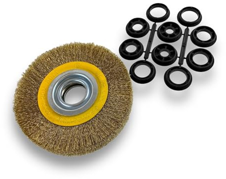 Kibros Brosse circ. touret LAITON fil souple Ø 150 mm 3 rangs | Fil souple 0.20 mm ondulé, alésage 32 mm + réducteur bague 25/22/20/16/12 mm, meuleuse ponceuse affûteuse, décapage brossage.
