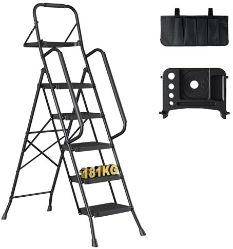 BONTEC Scala Pieghevole a 5 Gradini con Pedali Extra Larghe in Plastica Antiscivolo, Struttura in Ferro, Vassoio Portaoggetti e Borsa Attrezzi, Portata 150 kg, Facile da Riporre,Nero
