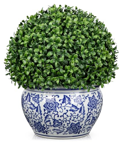 Oairse Artificial Plants Boxwood Ball in Blue and White Ceramic Pot Decorative Boxwood Topiary Fake Plants Potted for Table Centerpiece Indoor Plant Home Living Room Kitchen Decoration, 32cm Tall