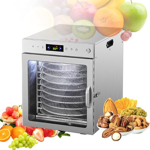 Secador de Frutas, máquina deshidratadora de Alimentos de 800 W, 12 bandejas de Acero Inoxidable, deshidratador de Verduras con rotación automática de 360°, deshidratador de Alimentos