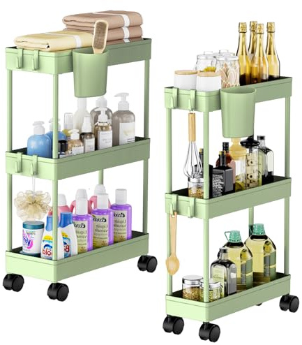 Shrivee 2PCS 3 Ebenen Aufbewahrungswagen mit Rollen, Platzsparender Mobiler Schmaler Badezimmerwagen, Minimalistisch allzweckwagen für Bad & Küche, Grün