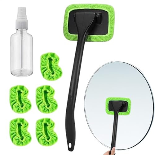 Outil de Nettoyage pour Pare- de Voiture, Nettoyeur de vitres de Voiture, rondelle rotative à 180°, raclette en Microfibre avec 5 tampons réutilisables, idéal pour l'intérieur et l'extérieur de