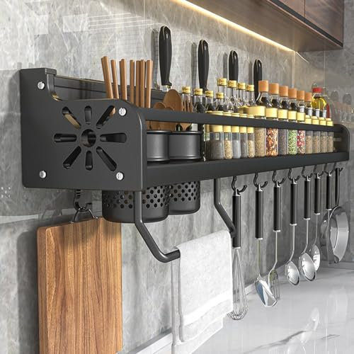 Zjyufy Portautensili da Cucina a Parete, Mensola Porta Spezie con Ganci, Mensola Sospesa per Spatola e Cucchiaio, Organizer per Barattoli di Spezie da 50 cm, Porta Coltelli e Utensili da Cucina
