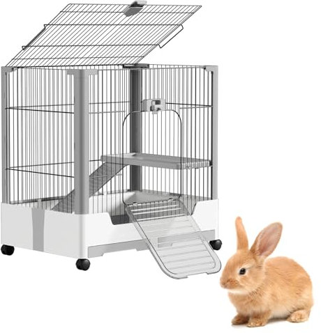 NAIZY Kaninchenstall 2-Ebenen Mobiler Hasenkäfig 73x50x68cm Kaninchenkäfig mit Schublade & Leiter, Offenem Dach Kleintierkäfig Metall Rattenkäfig für Innen