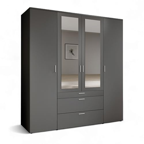 VESALA Kleiderschrank Schrank Drehtürenschrank Graphit 180 x 195 x 56 cm | Schlafzimmer Schrank mit 2 Spiegeltüren, 4 Türen, 3 Schubladen, Kleiderstange und 8 Ablageböden in Graphit Dekor, 4-türig