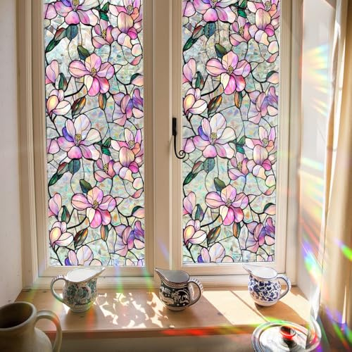 Runtoo Window Privacy Film Rainbow Flowers Window Clings 3D Decorative Vinyl Stained Glass Floral Purple Magnolia Decals Static Sticker Non-Adhesive, 17 x 40 inches