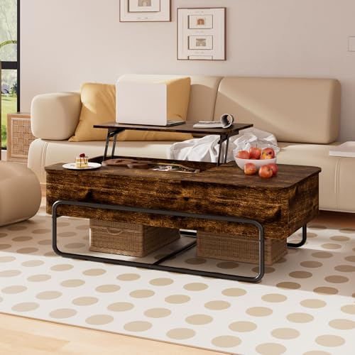 PURFINO Table Basse avec Plateau Relevable – Table de Salon Industrielle Design aux Courbes Raffinées, 3 Compartiments, Tiroir Coulissant & Rangement Caché, pour Salon, Petit Espace, Bureau