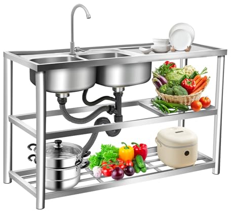 Évier Cuisine En Acier Inoxydable Double Cuve, Autonome, Avec Robinet Et Egouttoir, Lavabo Préparation Et Utilitaire Avec Plan Travail Et Double Etagère Rangement, Pour Usage Intérieur Et Extérieur