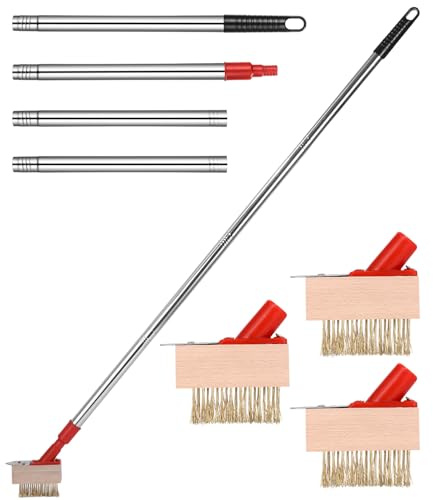 Yuxava Brosse à Mauvaises Herbes avec Manche Télescopique(135cm),3PC Soutillage de Jardin, Outil de Désherbage avec Brosse Métallique et Grattoir à Lame, pour Extérieur Patio, Terrasse et Jardin