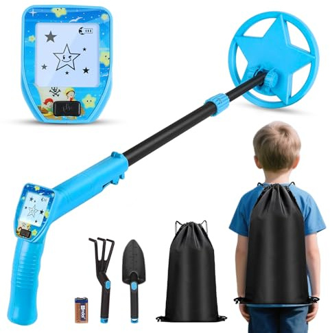 Metalldetektor Kinder, HFRYPShop Metalldetektor mit Cartoon LCD-Display und Wasserdichter Suchspule, Verstellbar 62–85cm, inkl. Schaufel, Rechen und Rucksack für Outdoor Abenteuer