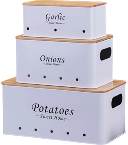 Brxmpn 3 Pack Vegetable Storage Tins, Potato Onion Storage Box, Storage Canisters for Vegeatables, Potato Onion Garlic Bin with Aerating Tin Storage Holes