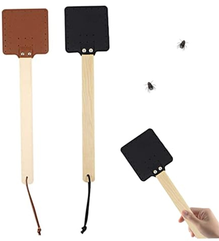Matamoscas de Mano, matamoscas de Mano, 2 Piezas de PU Swat con Madera, Simples ocupantes rústicos, murciélago Manual con Cuerda para Colgar para Control de Mosquitos en Interiores y Exteriores, 17.4