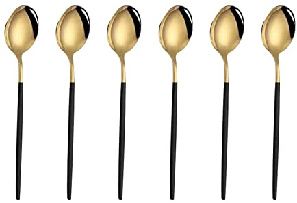 6pcs Stainless Steel Tea Spoons Set, Elegant Mirror Polished Dessert Spoons, Coffee Spoon Small Spoon Set for Dining, Wedding & Parties, Daily Use Cutlery, 12.8cm(Color:Black Gold)