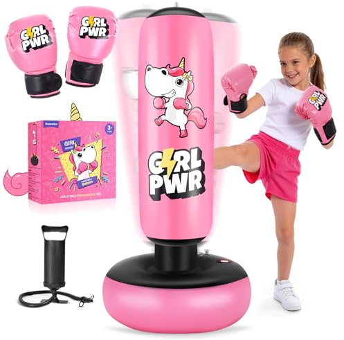 Inflatable Punching Bag, 66 Inflatable Boxing Bag for Kids with Boxing Gloves for 3-12 Girls, Stable Boxing Set for Practicing Karate, Taekwondo, Unicorn Toy & Gifts for Girls