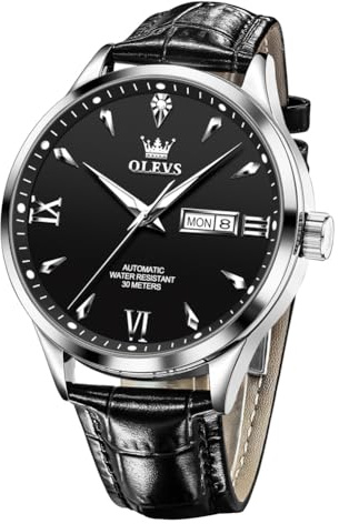 OLEVS Watch Men Black Watches for Men Leather Classic Luxury Automatic Mechanical Men's Wrist Watches Dress Waterproof Date Casual Big Face Self Winding Mens Watch Relojes para Hombres