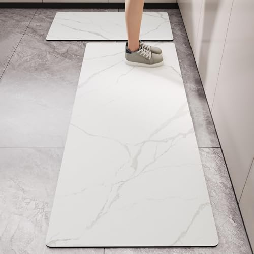 DOTBUY-SHOP Tappeto Cucina in Diatomite, 3D Stampa su Marmo Passatoia Cucina Antiscivolo, Tappeti Runner Lavabile Assorbimento, Tappetino per Ingresso Bagno Camera da Letto (Bianco 5,50x120cm)