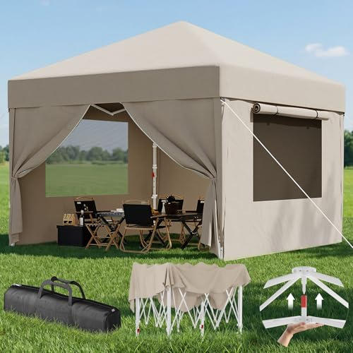 DEVOKO Carpa plegable con ventanas de malla ventilada,pabellón impermeable y resistente al invierno de3x3m,carpa plegable con laterales, protección UV50+carpa para fiestas en jardines patios y camping