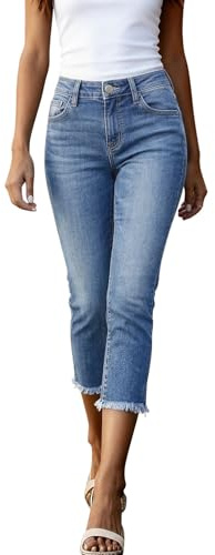 Onsoyours Capri Jeans Donna Estivi a Vita Alta Pantaloni Pinocchietto 3/4 Jeggings Elasticizzati con Tasche A Blu L