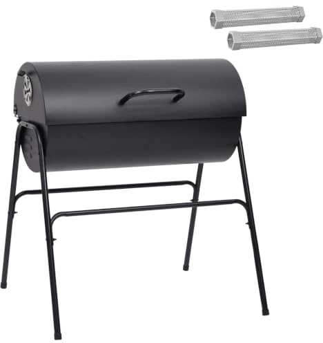 vidaXL Barbacoa de barril con 2 parrillas de cocción, 3 unidades, 80 x 73 x 90 cm, metal negro, moderna barbacoa para exteriores, barbacoa de carbón portátil, barbacoa de acero inoxidable, práctica