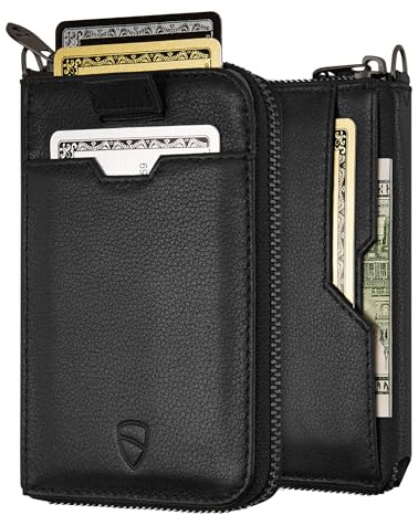 Vaultskin Notting Hill Cartera Hombre y Mujer de Piel con Cremallera, Tarjetero RFID, Billetera Slim con Bolsillos Externos y Correa Inteligente Retráctil (Negro)