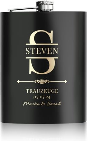 Fiaschetta Personalizzata da 227 ml, Fiaschetta per Liquori con Incisione per Testimoni, in Acciaio Inossidabile – Regali Personalizzati per Testimoni (Nero)