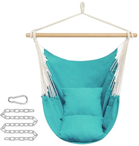 SONGMICS Fauteuil Suspendu, Chaise Suspendue, Déco Maison Cocooning, Balançoire, Siège, avec 2 Coussins, Chaîne en Métal, Capacité 150 kg, Intérieur, Extérieur, Salon, Chambre, Turquoise GDC187Q02