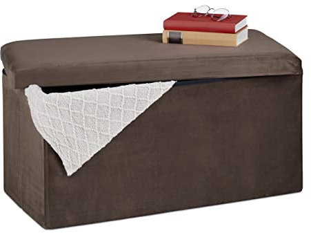 Relaxdays Sitzbank mit Stauraum, Samtbezug, 80 L, Flur, Wohnzimmer, gepolstert, faltbar, Truhenbank, 38x77x39 cm, braun