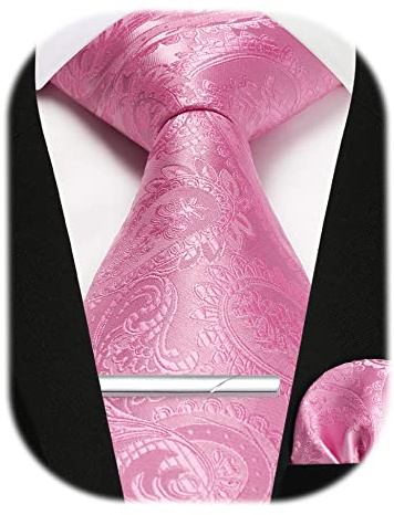 Enlision Mens Pink Paisley Tie and Pocket Square with Tie Clip Set Business Formal Wedding Ties for Men Necktie & Handkerchief & Tie Pin Sets,Pink