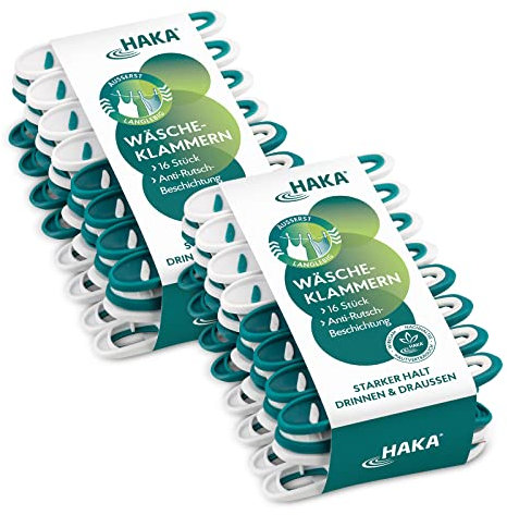HAKA Wäscheklammern, 32 Stück, stabil & langlebig, ohne Abdruck, Starke Klammern für drinnen & draußen, UV-beständig, wetterfest, extra griffig, für empfindliche Wäsche