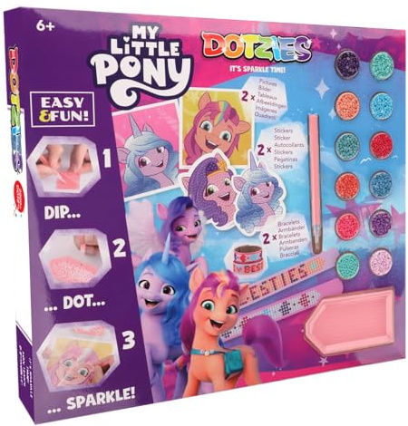DIAMOND DOTZ DTZ10.009 - Original 5D Diamond Painting DOTZIES Set My Little Pony mit 6 Motiven: 2 Bilder 15 x 15 cm, 2 Armbänder, 2 Aufkleber/Sticker, DIY Diamant Komplettset für Kinder ab 6 Jahren