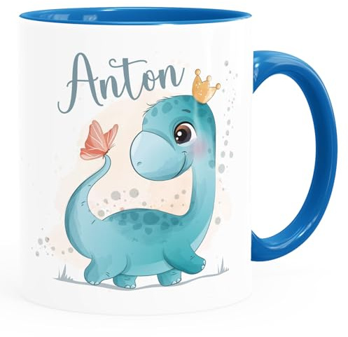 SpecialMe® Kindertasse Dino Dinosaurier Schmetterling personalisierte Tasse mit Name aus Keramik für Kinder Jungen Mädchen Weiss-innen-blau standard