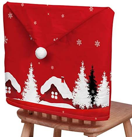Chickwin Stuhlhussen Weihnachten 2/4/6/8er Set, Rot Weihnachts Themen Stuhl-Rückenabdeckung Weiß Weihnachtsstuhlbezüge Stuhl Bezüge für Weihnachten Deko, Zuhause, Küche (Rotes Haus,8 er Set)