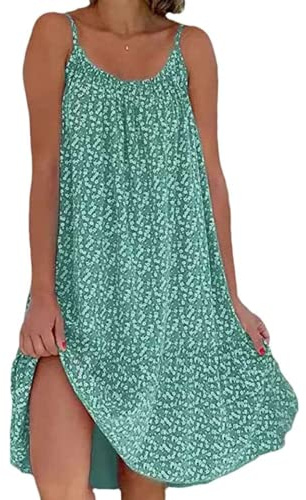 Yeenily Damen Freizeitkleid Ärmelloses Kleid Floral Spaghetti-Träger Kurze Kleider Sommer Lässiges Strandkleid(Grün,L)