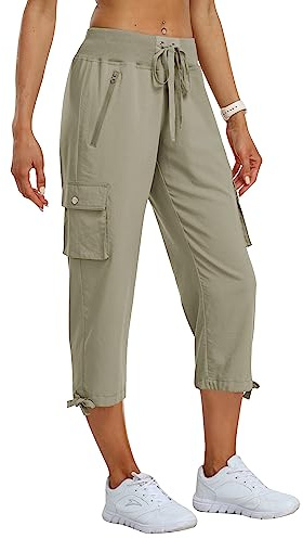 MoFiz Pantalon Cargo de Randonnée Femme Pantacourt d'été 3/4 Long Léger Capri Pantalon d'extérieur Respirant avec Poche Zippée