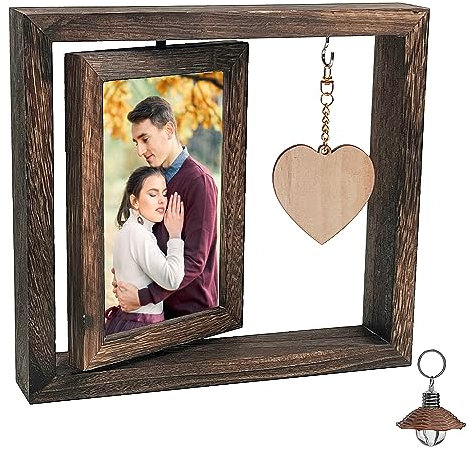 Bilderrahmen Holz - Drehbarer Hochzeitsrahmen für 2 Fotos 15x10cm mit Holzherz und Licht - für Büro und Zuhause