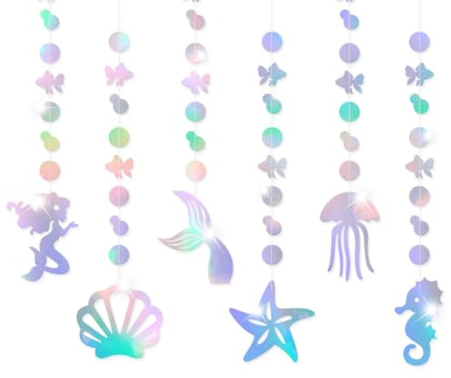 Meerjungfrau Geburtstag Deko Iridescent Meerjungfrau Garland with Mermaid Seashell Starfish Jellyfish Seepferdchen Holographic Pearl Streamer Unterwasserwelt Kindergeburtstag Birthday Party Deko