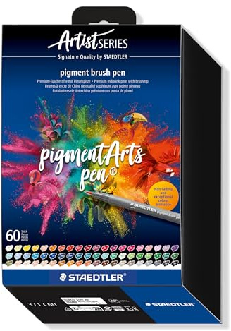 STAEDTLER Brush pen pigment Arts, tinta de dibujo premium, punta de pincel para ancho de línea variable, impermeable, secado rápido, 60 rotuladores en colores surtidos en estuche de cartón, 371 C60