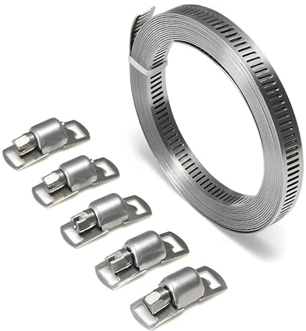 Jubilee Clips, 2m/6.6ft Adjustable Large Jubilee Clips Assorted with 5 Pcs Fasteners, DIY Large Hose Clamps, Adjustable Pipe Clamps Worm for Home Gas Pipe, Fuel Line, Exhaust Ducting, Plumbing